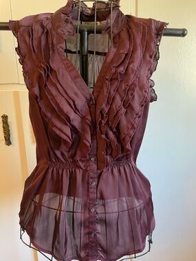 Converse Burgundy Ruffle Sheer Button-Front Blouse